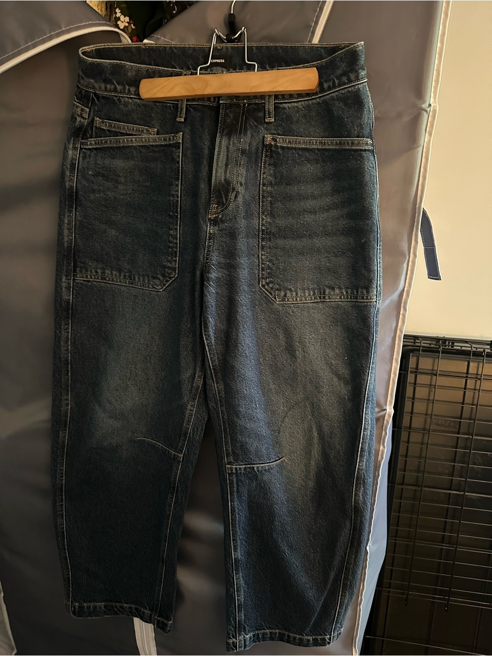 Express Women’s Barrel Leg Dark Blue Patch Pocket Jeans